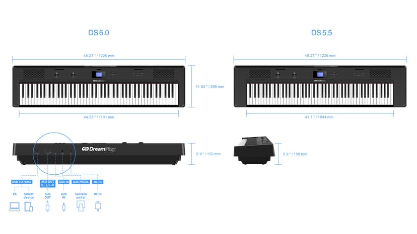 DreamPlay One keyboard with dimensions