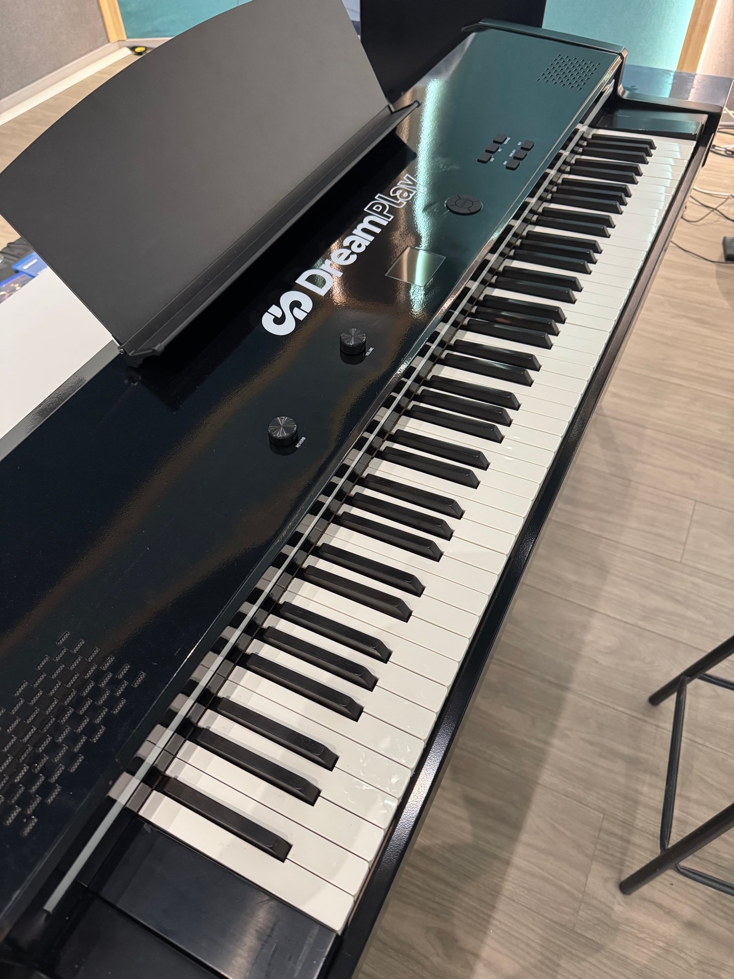 Angled view of the DreamPlay prototype keybed and branding