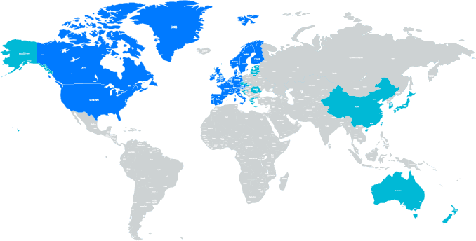 World map showing DreamPlay piano shipping regions across US, Europe, and Asia